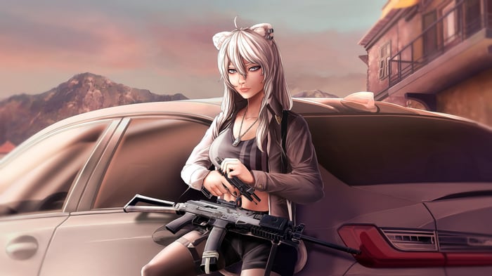 Shishiro with guns by a car