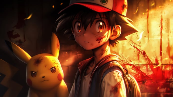 Ash and Pikachu in a bloody battle