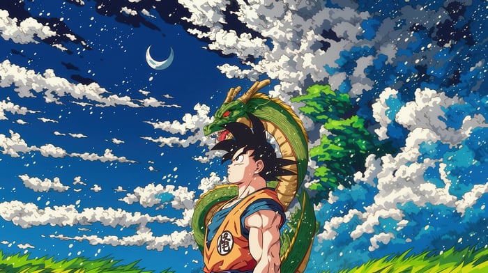 Son Goku and Shenron under a starry sky