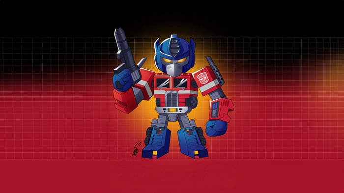 Chibi Optimus Prime holding a blaster