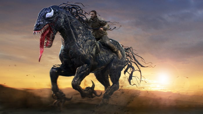 Venom Symbiote Stallion with Rider at Sunset