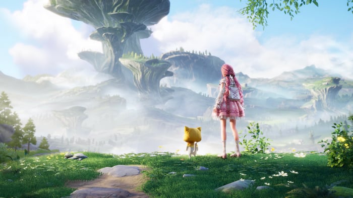 Infinity Nikki: Girl and Creature in a Fantasy Landscape