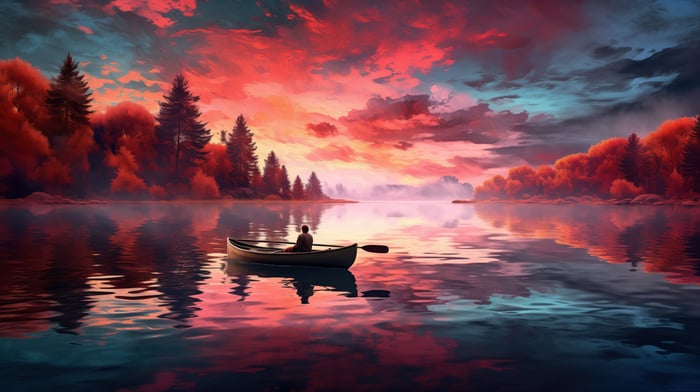 Man in a canoe on a lake at sunset