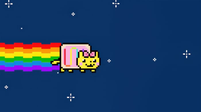 Nyan Cat flying through space with a rainbow trail