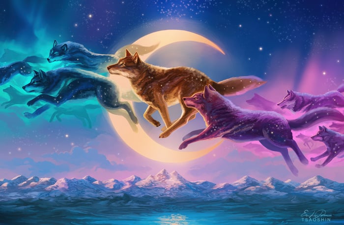 Wolves running across a crescent moon in the night sky