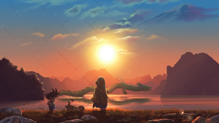 Goku and Krillin training with Master Roshi and Shenron