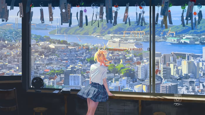 Anime girl with long blonde hair looking out window at city