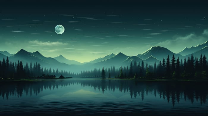 Moonlit Mountain Lake with Forest and Stars