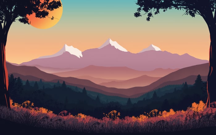 Sunrise over layered mountains with trees and flowers