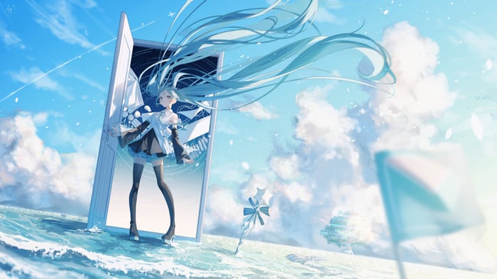 Hatsune Miku stands by a door in the ocean