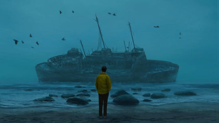 A person in a yellow jacket looks at a wrecked ship
