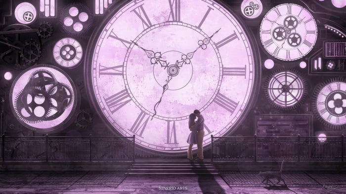Couple Embracing in Front of a Steampunk Clock