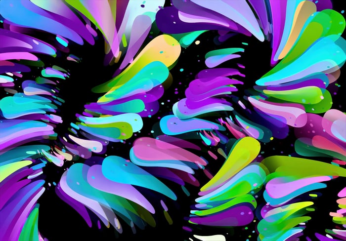 Abstract colorful geometric shapes swirling on black background
