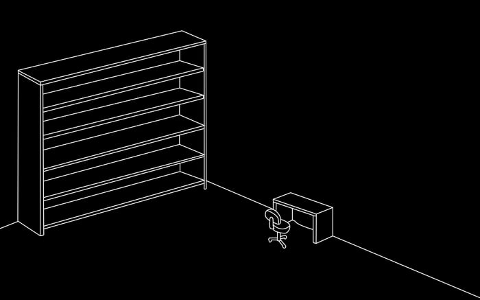 Monochrome workspace with shelves and desk