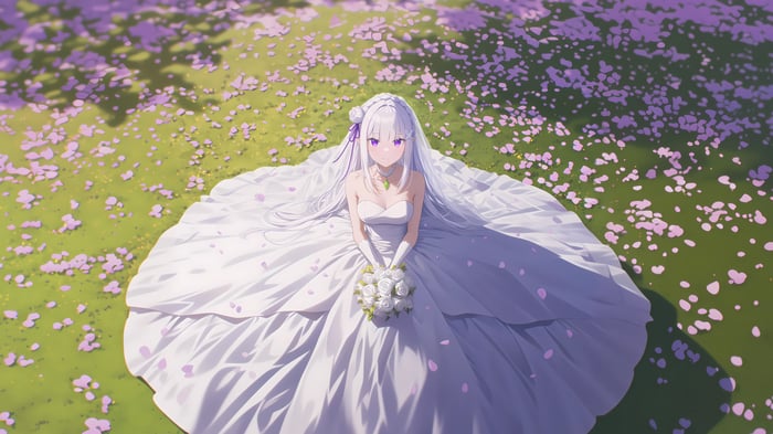 Emilia in a Wedding Dress Holding a Bouquet