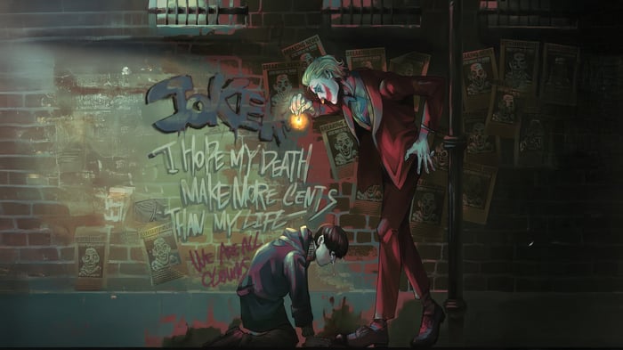 Joker and a kneeling figure in front of graffiti