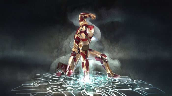 Iron Man in a dynamic pose on a glowing platform