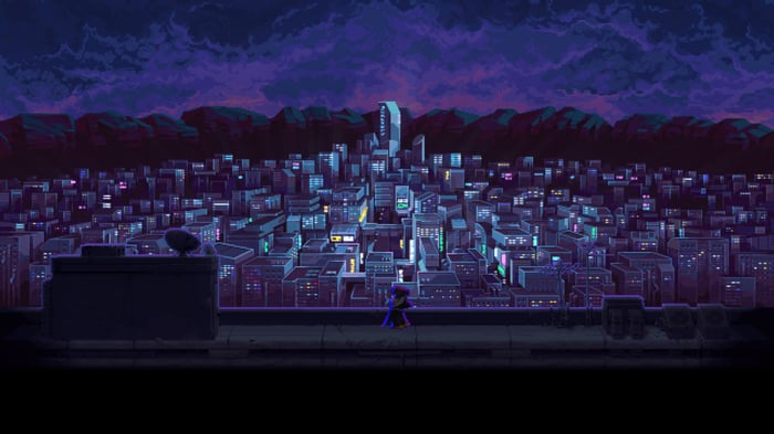Pixel city skyline at night with a lone figure
