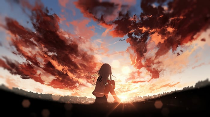 Anime girl sitting and watching a sunset
