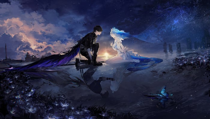 Shorekeeper from Wuthering Waves by a starry sea