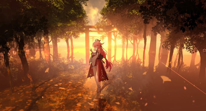 Yae Miko from Genshin Impact in a forest shrine