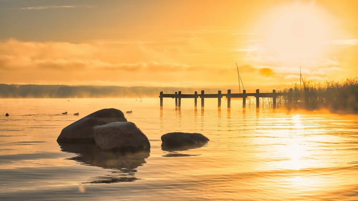 Foggy Morning Golden Hour on a Lake with Dock