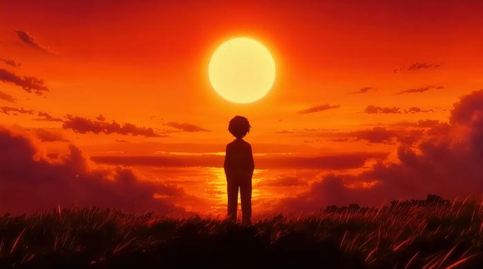 Boy Silhouetted Against a Fiery Sunset