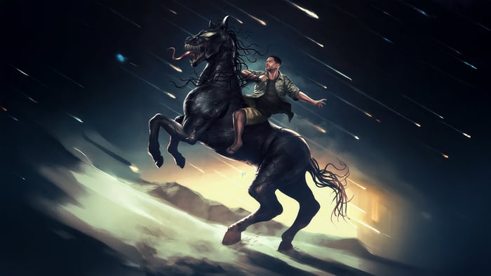 Eddie Brock riding a demonic horse during a meteor shower