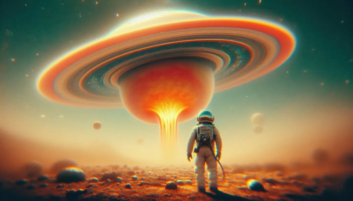 Astronaut gazes at a ringed planet with a fiery core