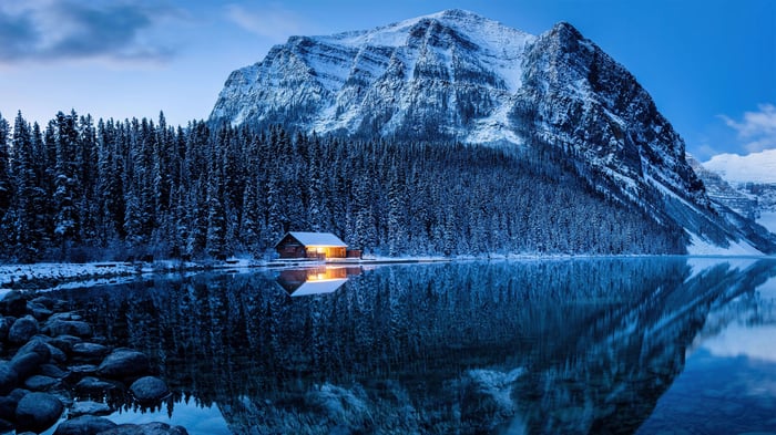 Winter Scene on Lake Louise with Cabin