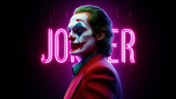 Joker in front of neon sign