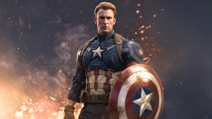 Captain America holding his shield with sparks in the background
