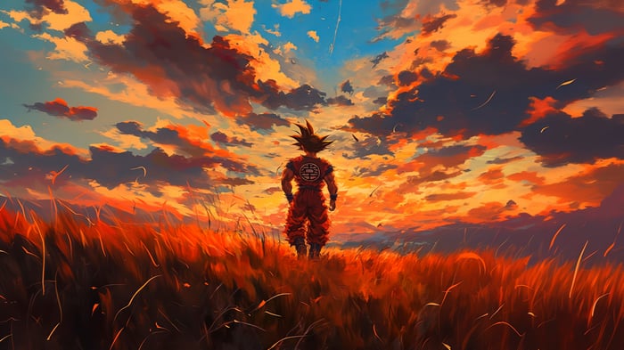 Goku standing in a field at sunset