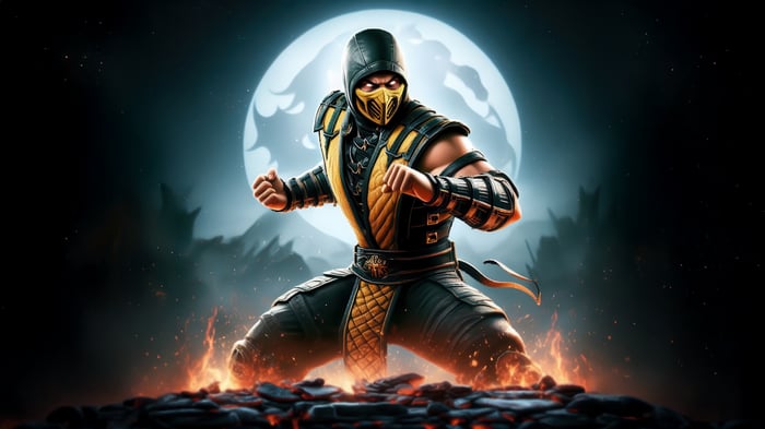 Scorpion from Mortal Kombat standing in fire