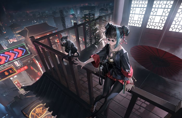 Gui Long Chao with a cat on a rooftop