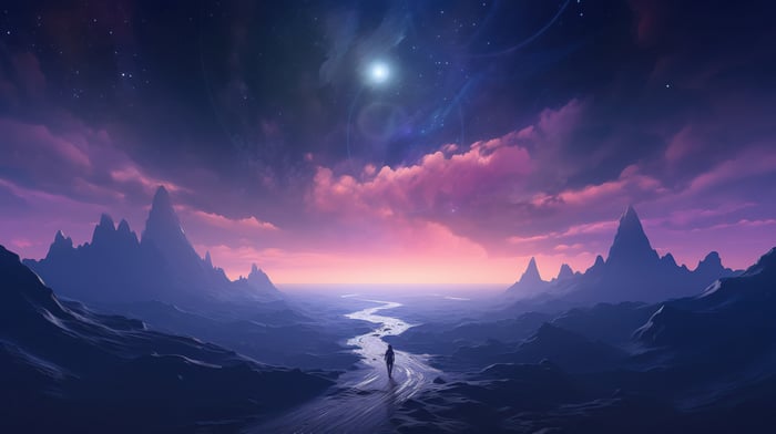 A lone figure walks through a surreal alien landscape