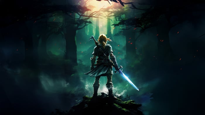 Link with Master Sword in a Dark Forest