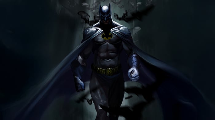Batman standing with bats flying around him