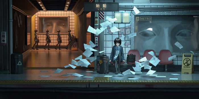 Anime girl at a subway station with papers flying