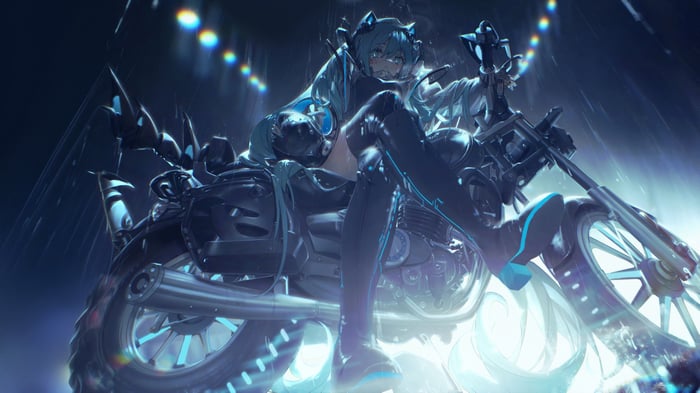 Cyberpunk girl on a motorcycle in the rain