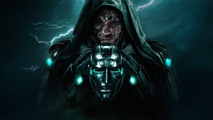 Doctor Doom holding his mask with lightning in the background