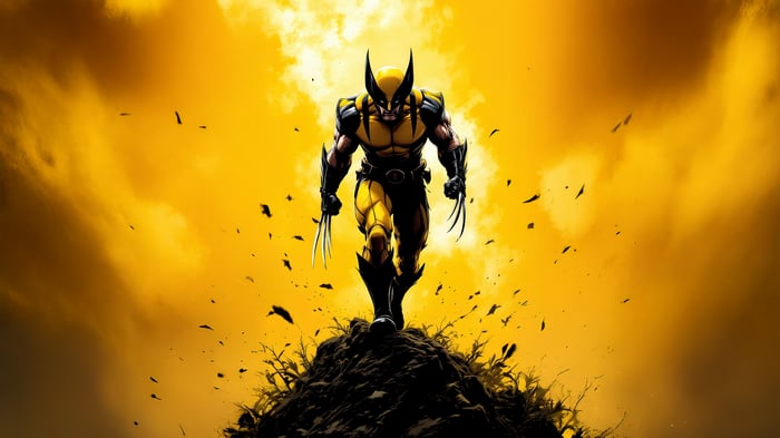 Wolverine standing on a hill with yellow clouds