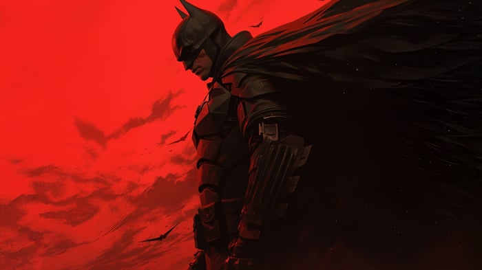 The Batman in front of a red sky