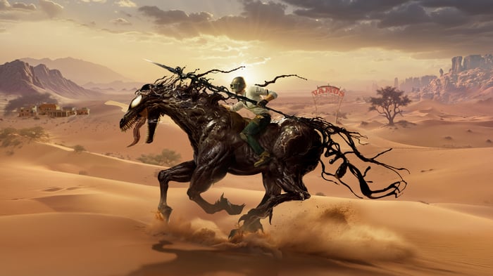 Venom riding a horse in a desert landscape