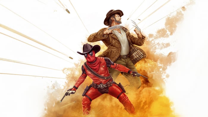 Deadpool and Wolverine in a Western shootout