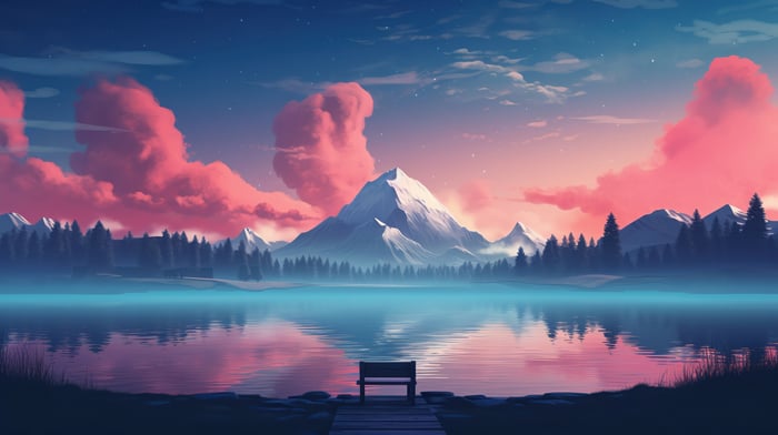 Lake with Mountains and Pink Clouds