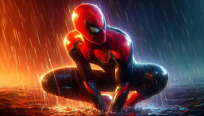 Spider-Man crouching in the rain