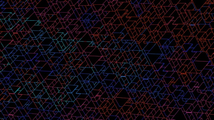 Geometric wireframe pattern with red and blue lines