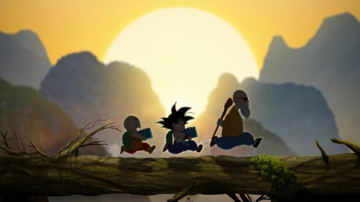Goku, Krillin, and Master Roshi training at sunrise