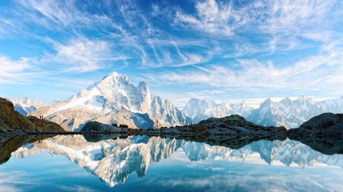 Mont Blanc reflected in a mountain lake, France